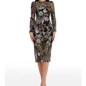 Sophia Sequin Floral Mesh Crew Neck Long Sleeve Midi Dress
